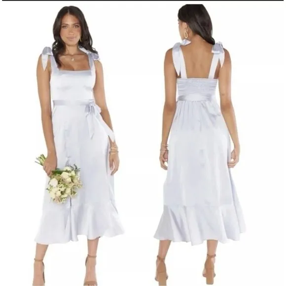 Show Me Your Mumu Weddings Claire Midi Dress in Silver Luxe Satin J333 Sz L NWT