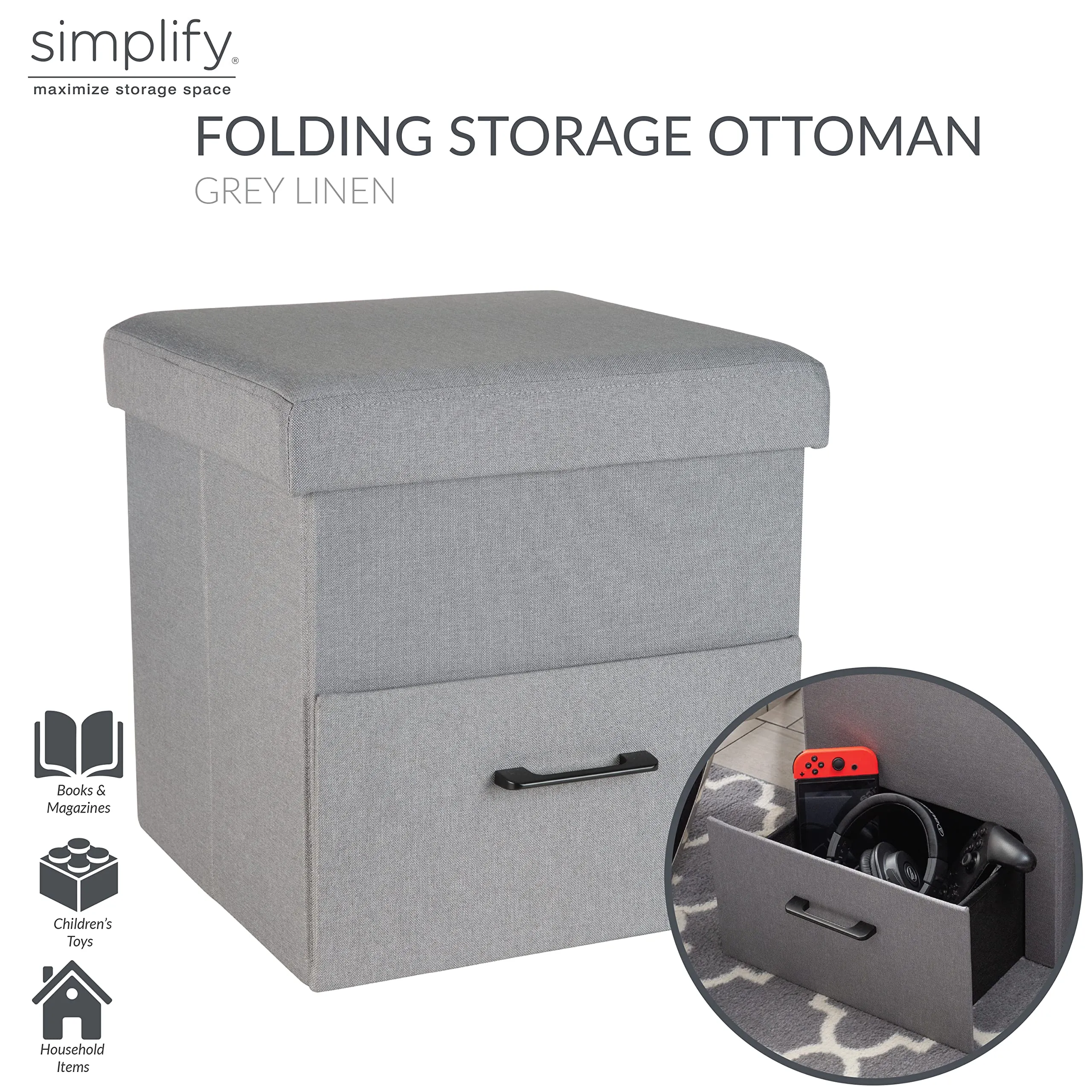 Simplify Collapsible Storage Ottoman with Drawer | Hidden Storage |