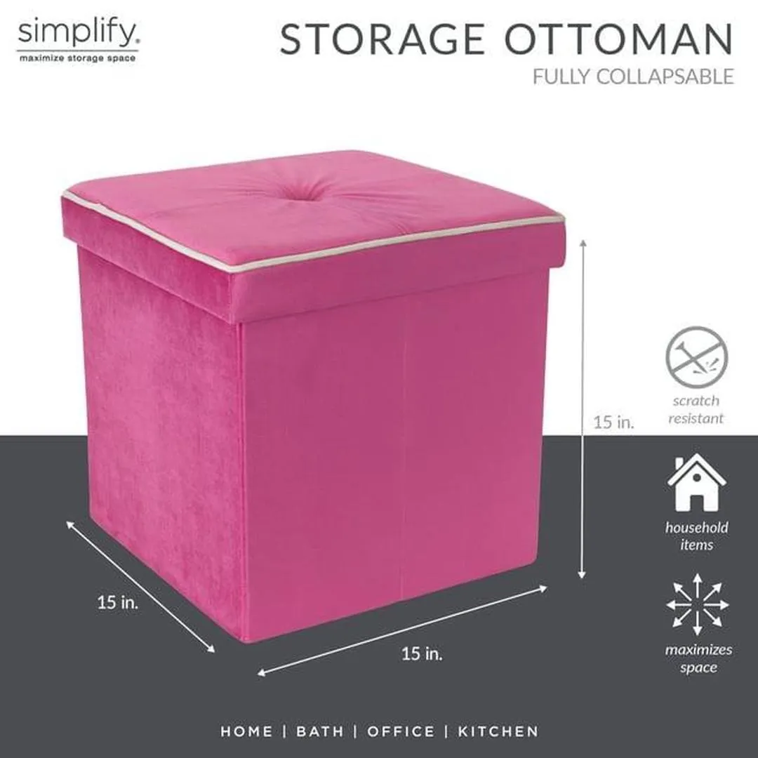 Simplify Collapsible Velvet Storage Ottoman in Pink