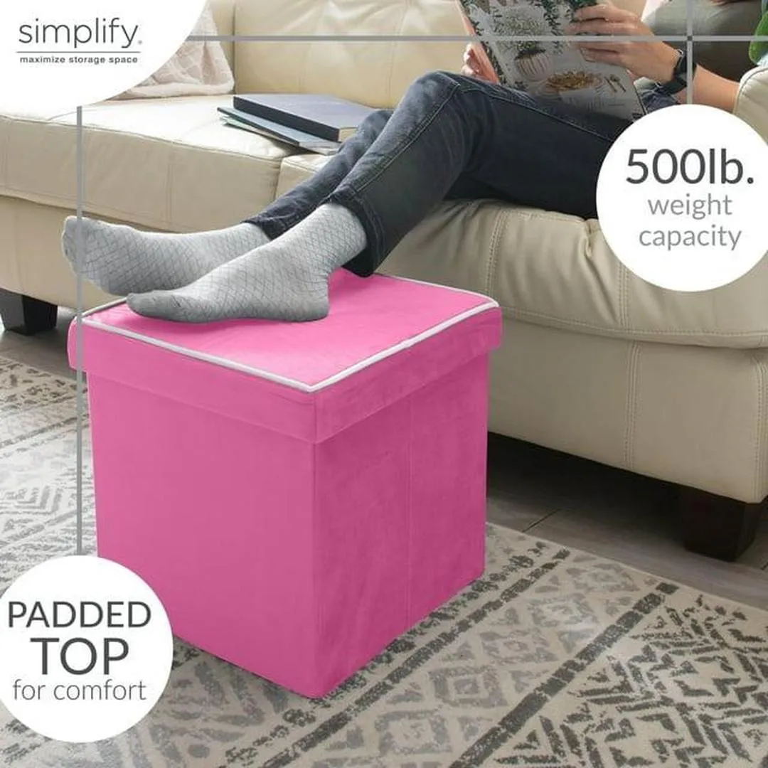 Simplify Collapsible Velvet Storage Ottoman in Pink
