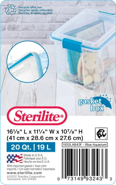 Sterilite 20 Qt. Clear Gasket Storage Box, Blue Latches with Clear Lid
