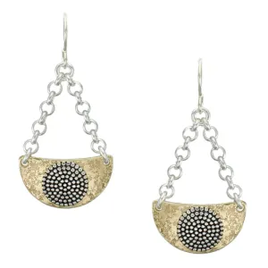 Suspended Curved Semi Circle and Patterned Disc Wire Earring