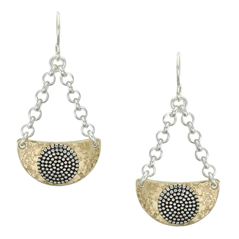 Suspended Curved Semi Circle and Patterned Disc Wire Earring
