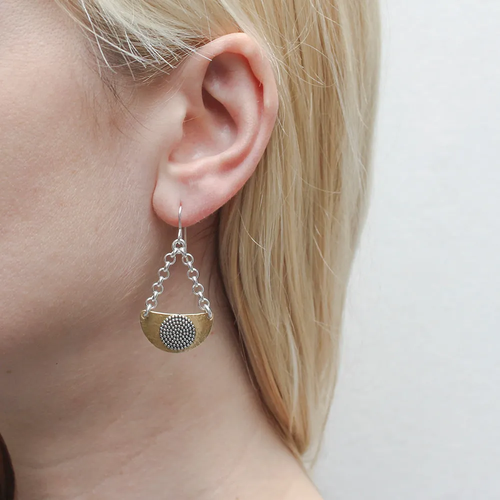 Suspended Curved Semi Circle and Patterned Disc Wire Earring