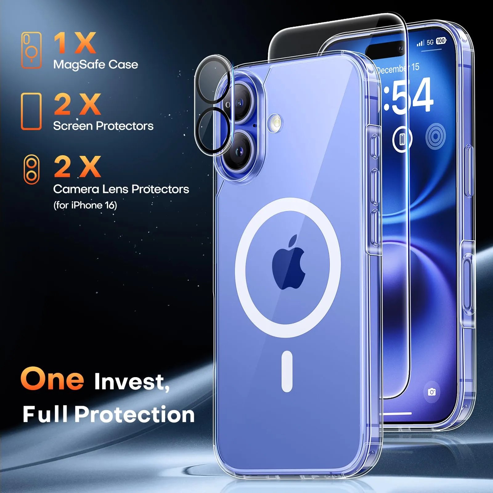 TAURI 5 in 1 for iPhone 16 Case, Compatible with MagSafe [Anti-Yellowing] with 2X Screen Protector   2X Camera Lens Protector, Military-Grade Protection, Magnetic Phone Case for iPhone 16 6.1", Clear