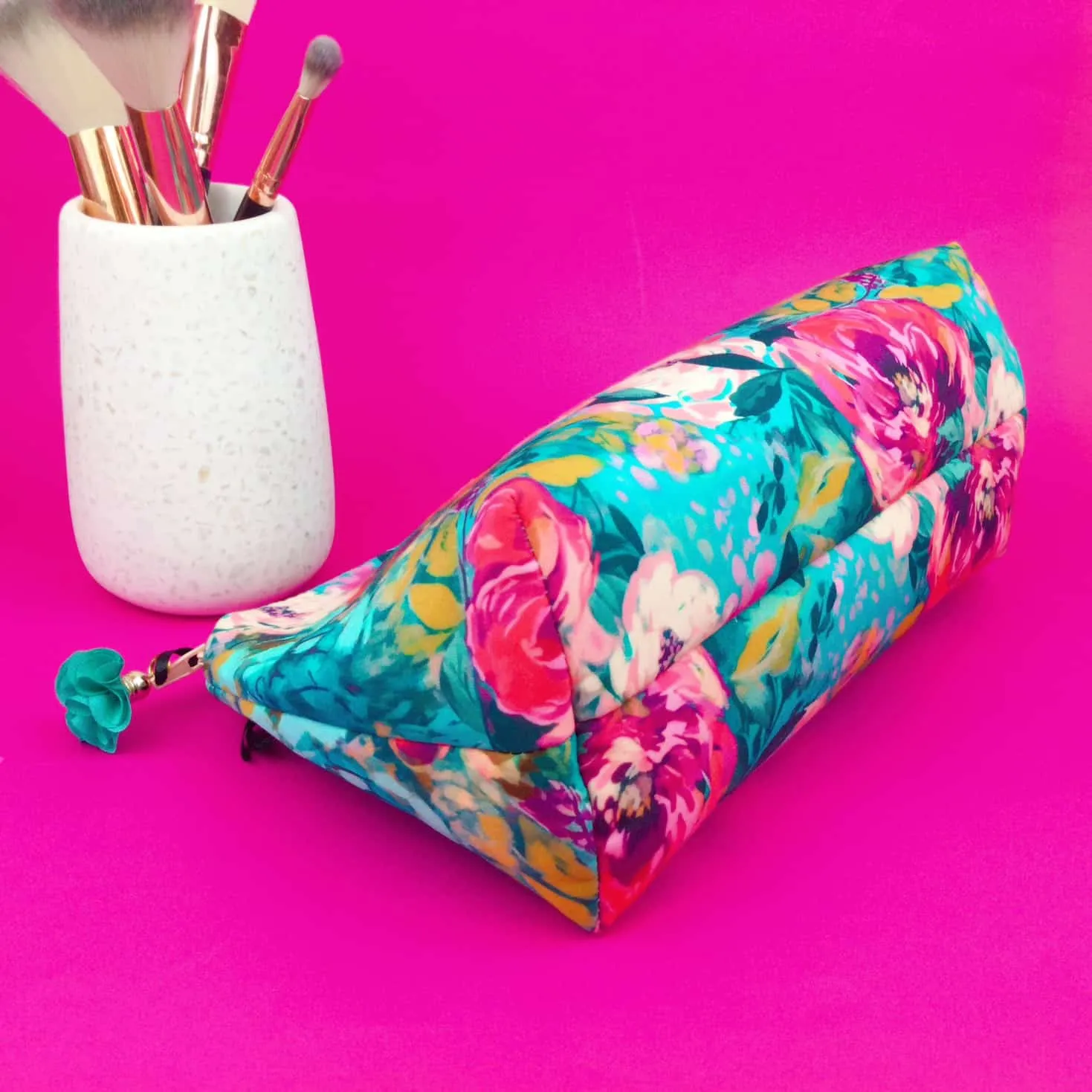Teal and Pink Floral Medium Makeup Bag.