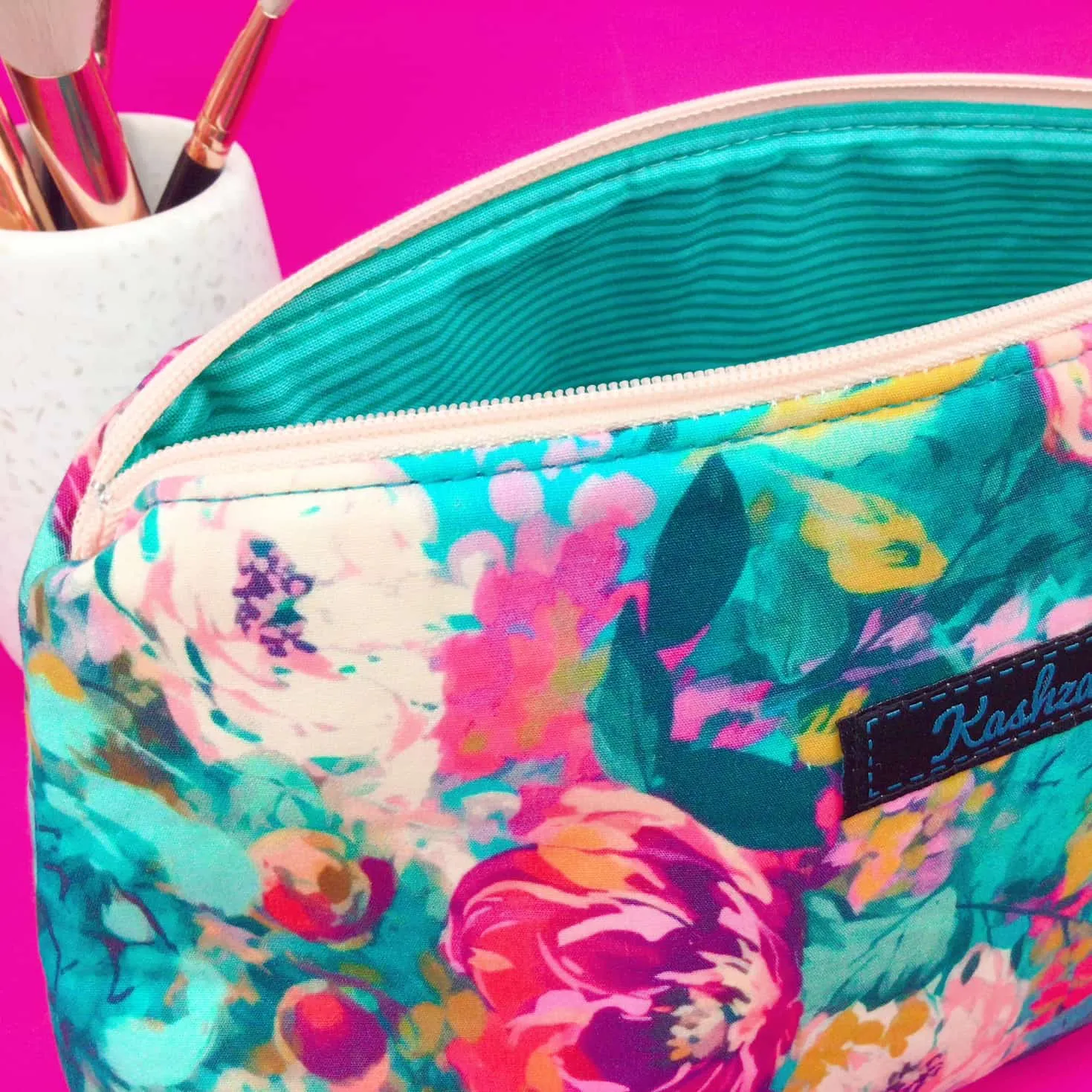 Teal and Pink Floral Medium Makeup Bag.