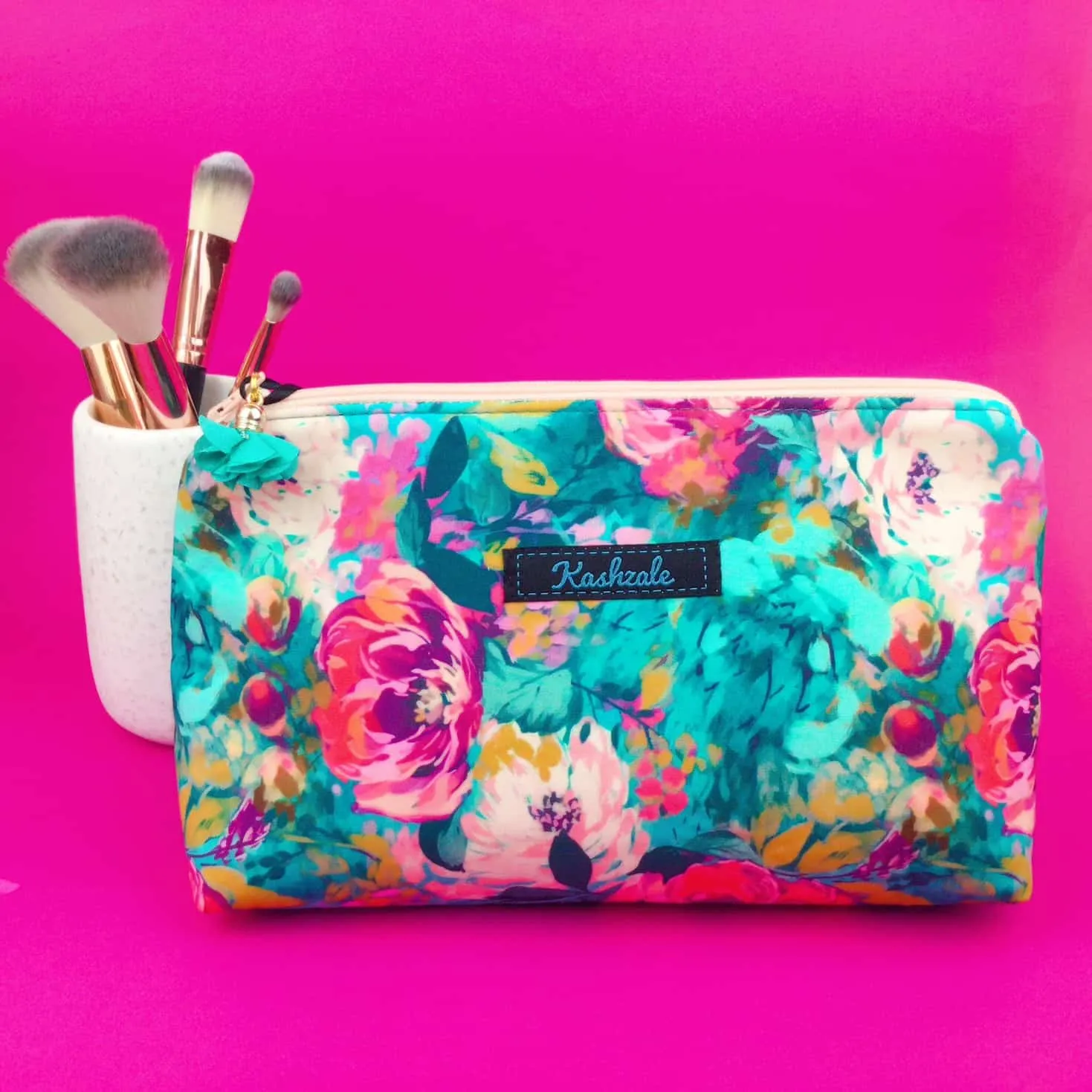 Teal and Pink Floral Medium Makeup Bag.