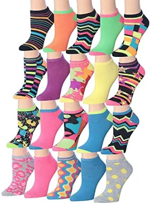 Tipi Toe Women's 20 Pairs Colorful Patterned Low Cut/No Show Socks