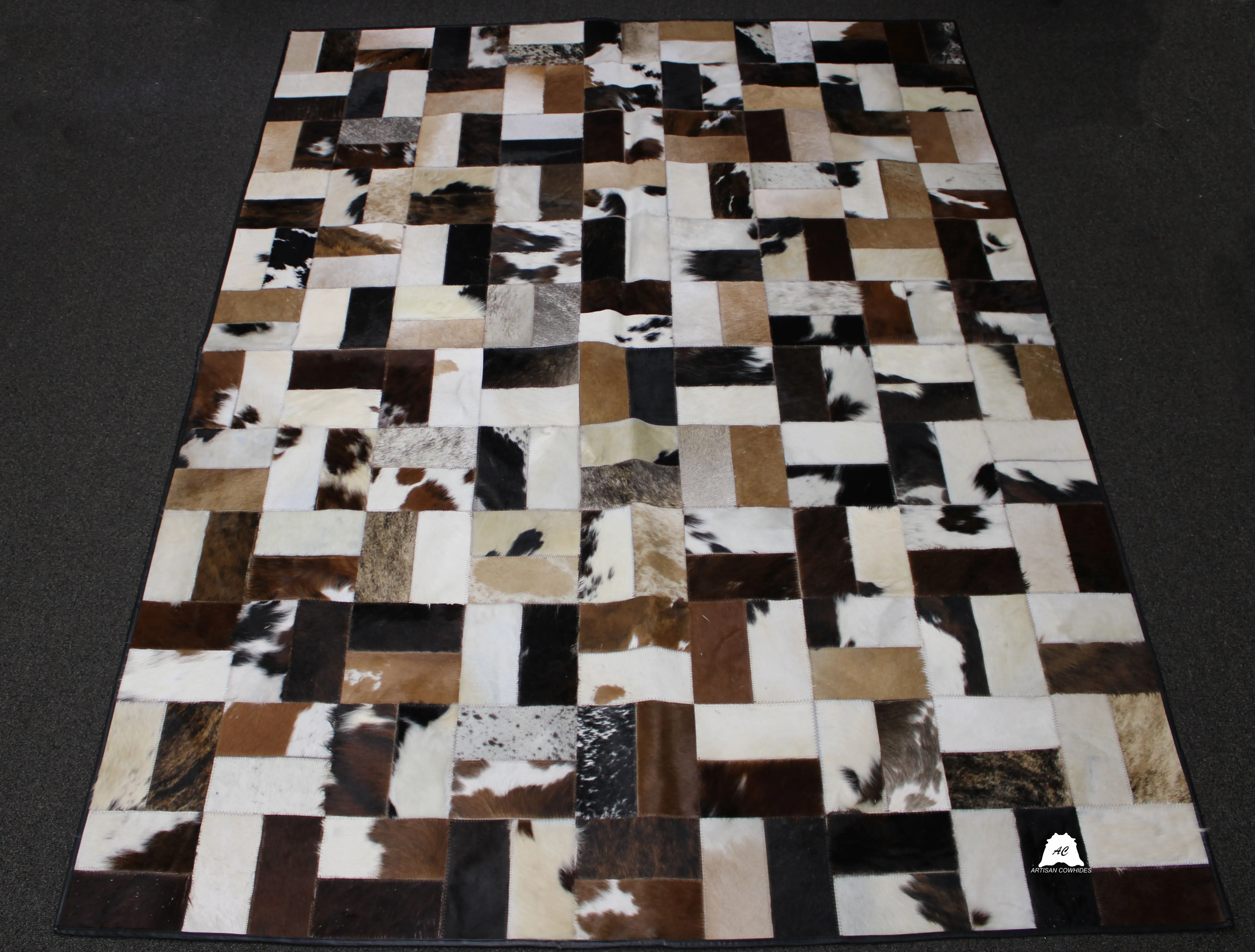 Tricolor Patchwork Cowhide Rug – 7.10ft x 5.10ft  Premium Cowhide Rug