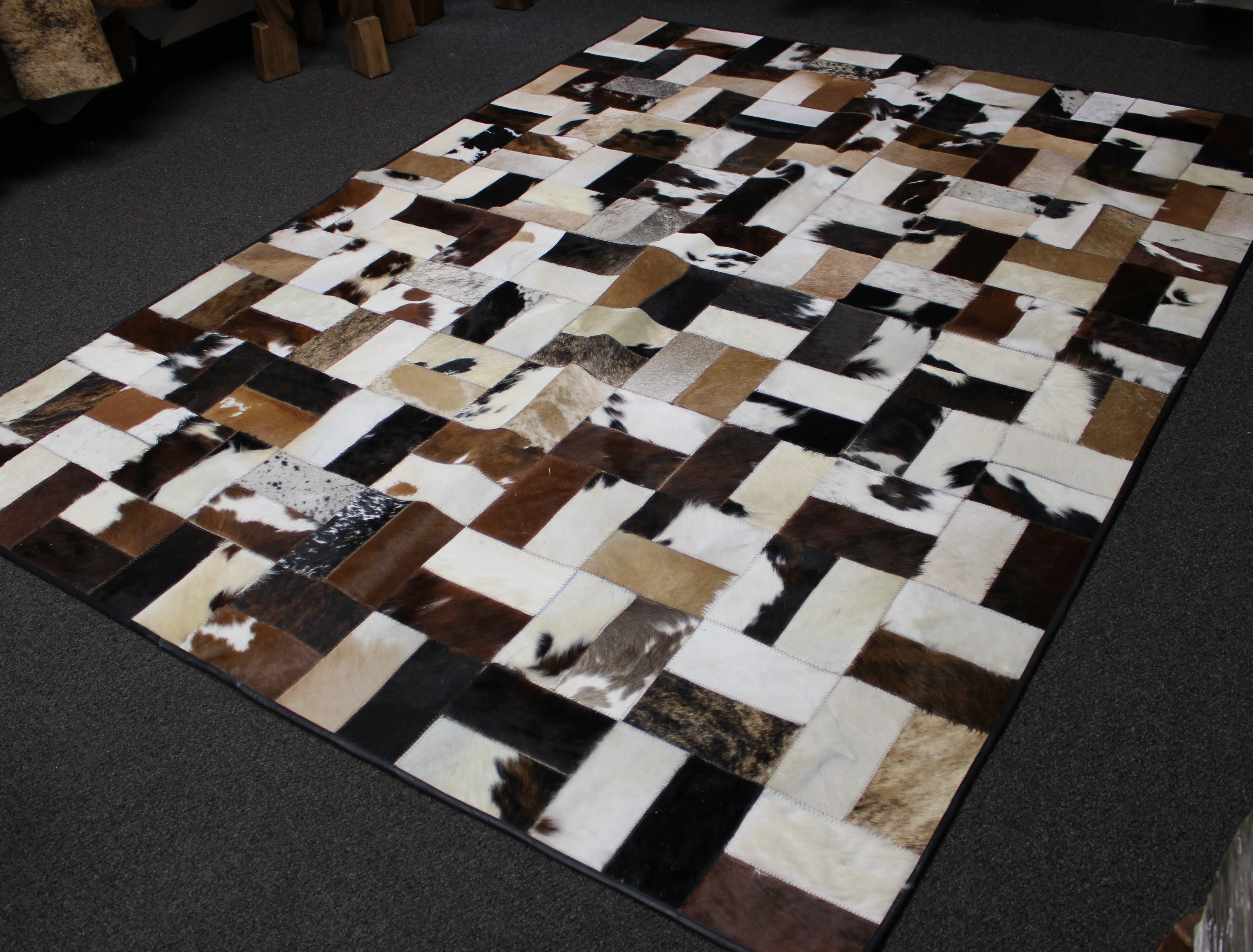Tricolor Patchwork Cowhide Rug – 7.10ft x 5.10ft  Premium Cowhide Rug