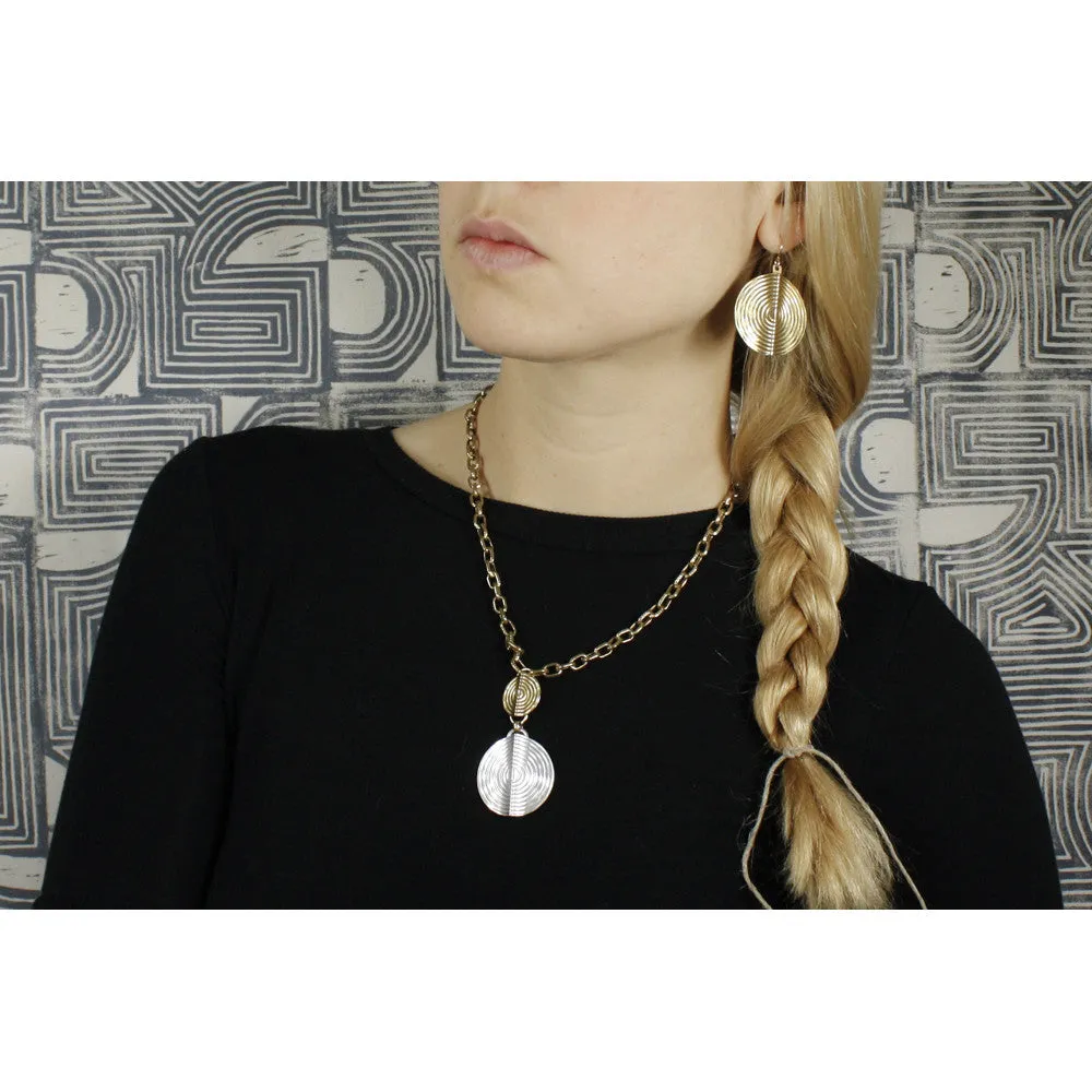 Two Patterned Folded Discs Necklace