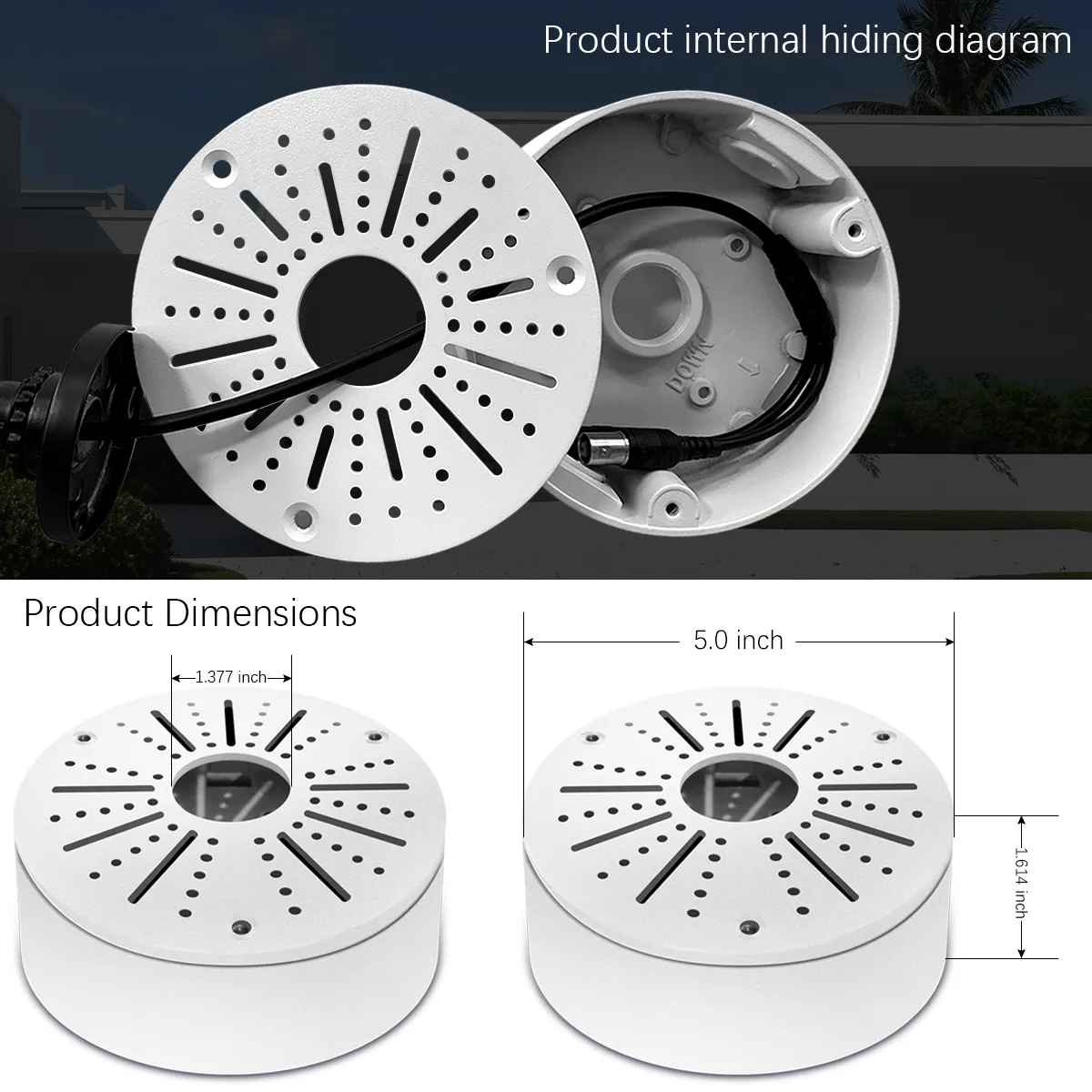 Universal Junction Box for Bullet Dome Turret Cameras & Solar Panel, CCTV Base Box Hide Cable, Wall Ceiling Mount Bracket, Metal Electric Enclosure