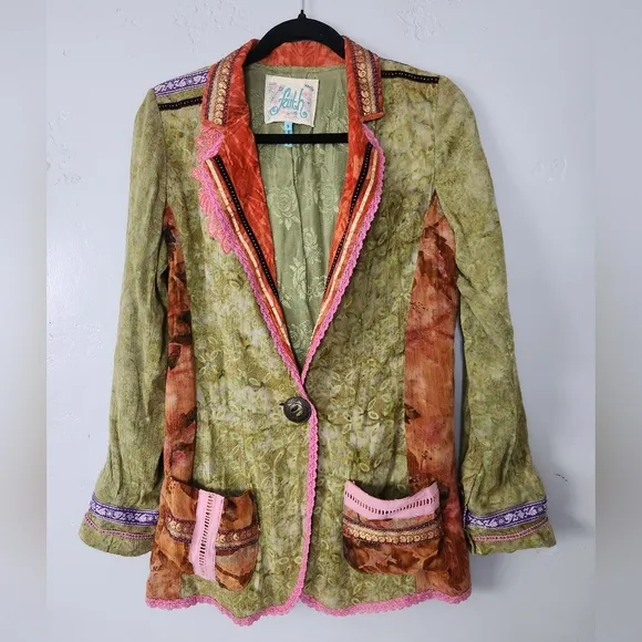 Vintage 90s Faith Patchwork Rayon One Button Blazer sz Small