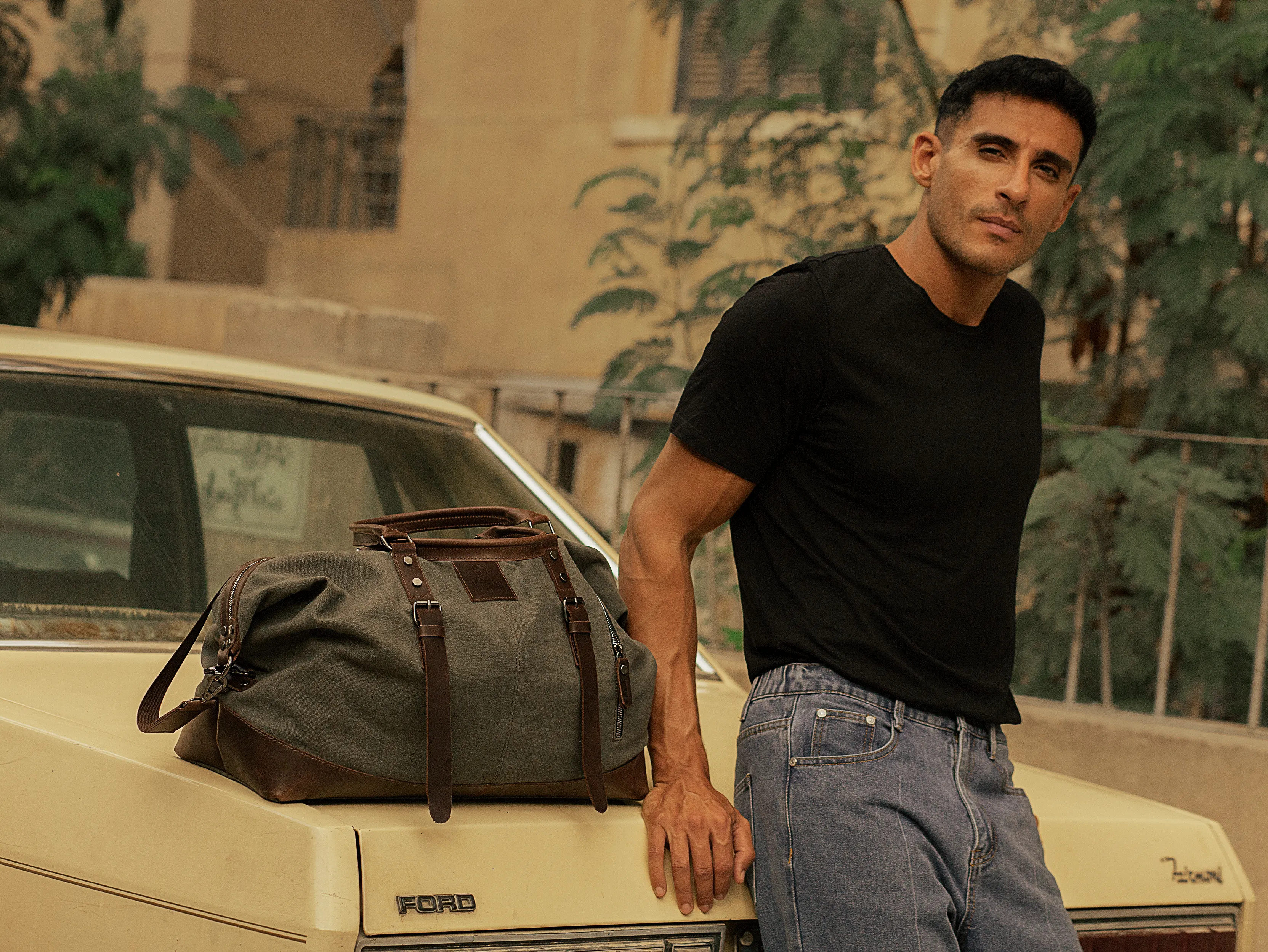 Vintage Travel Bag ''100% Cotton canvas & Cow leather'' – Army