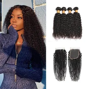 Wavymy Kinky Curly Virgin Human Hair Weave 4 Bundles with 4x4 Lace Closure