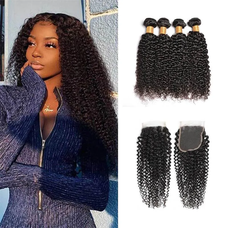Wavymy Kinky Curly Virgin Human Hair Weave 4 Bundles with 4x4 Lace Closure
