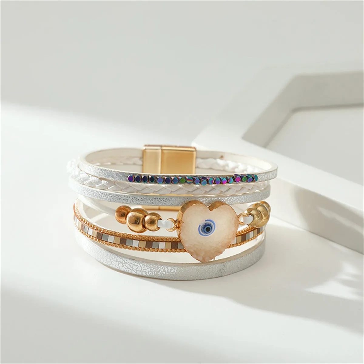 White Polystyrene & Resin 18K Gold-Plated Evil Eye Hear Layered Bracelet
