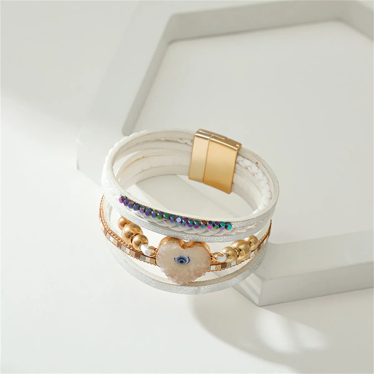White Polystyrene & Resin 18K Gold-Plated Evil Eye Hear Layered Bracelet