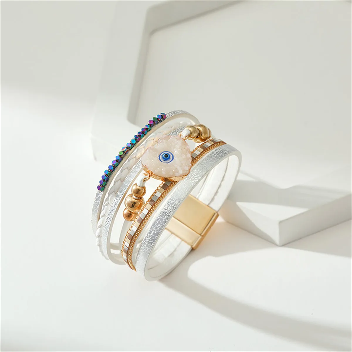 White Polystyrene & Resin 18K Gold-Plated Evil Eye Hear Layered Bracelet