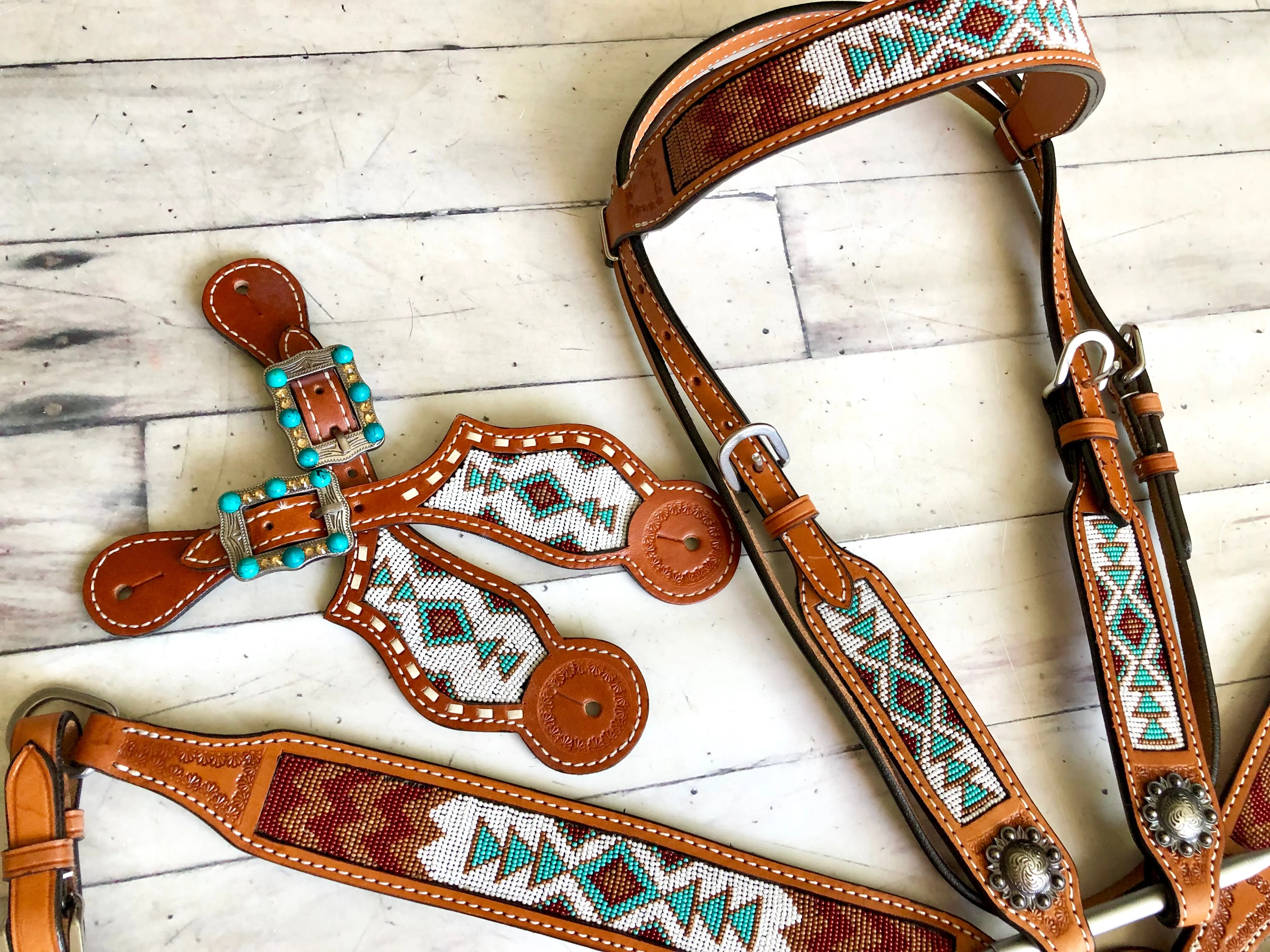 White, Teal Burgundy Beaded Spur Straps
