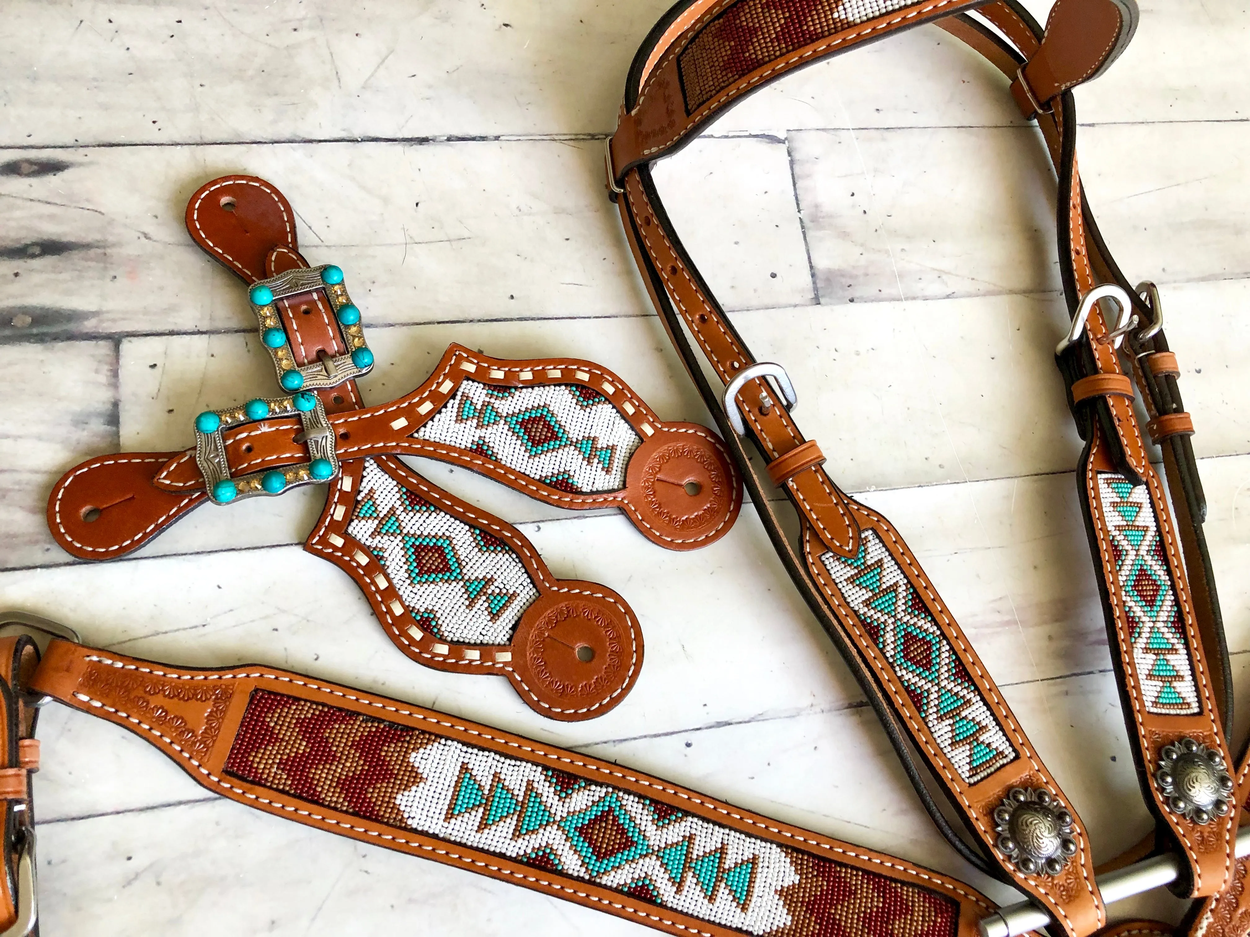White, Teal Burgundy Beaded Spur Straps