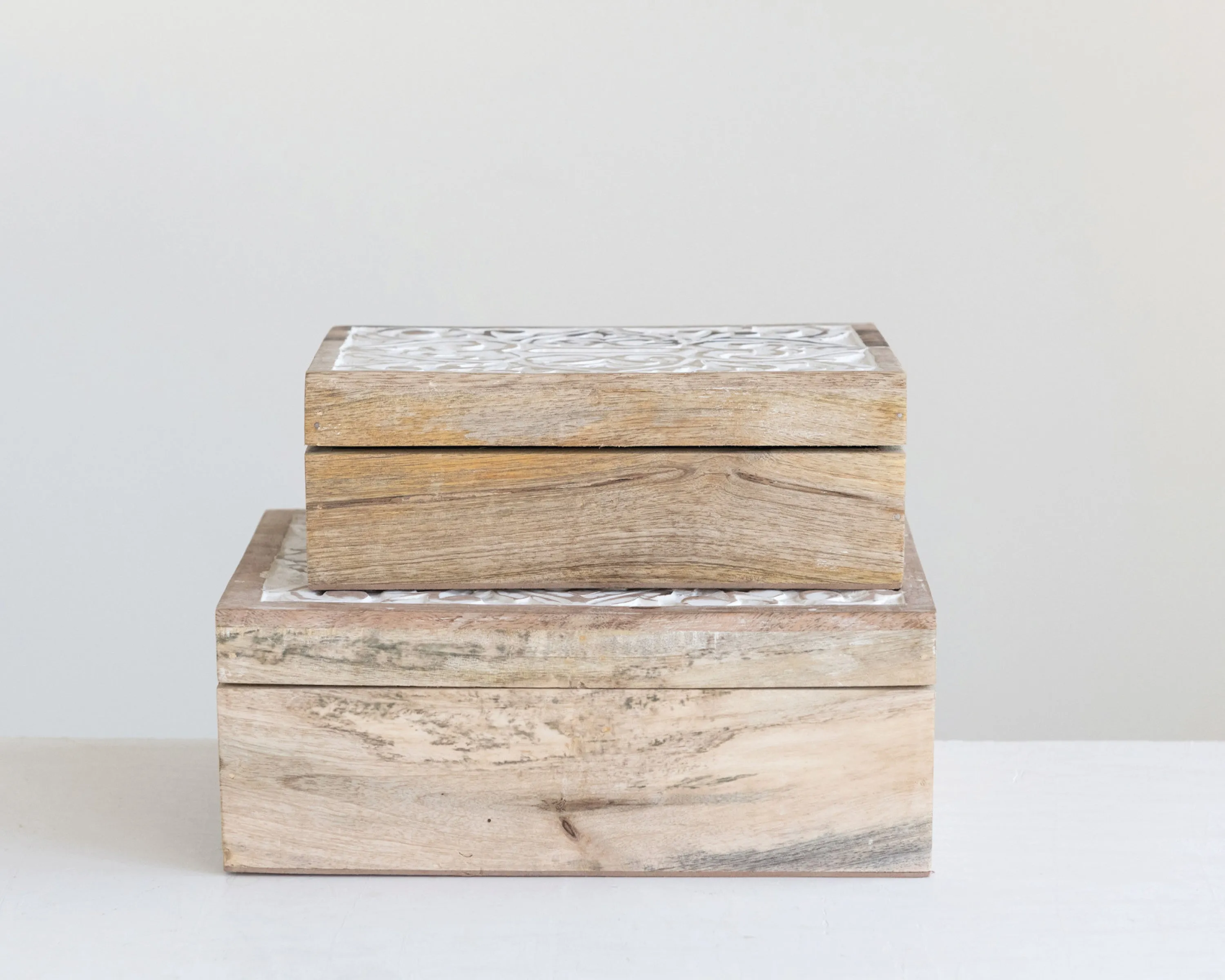 Whitewashed carved mango wood box set