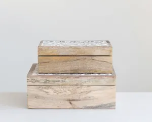 Whitewashed carved mango wood box set