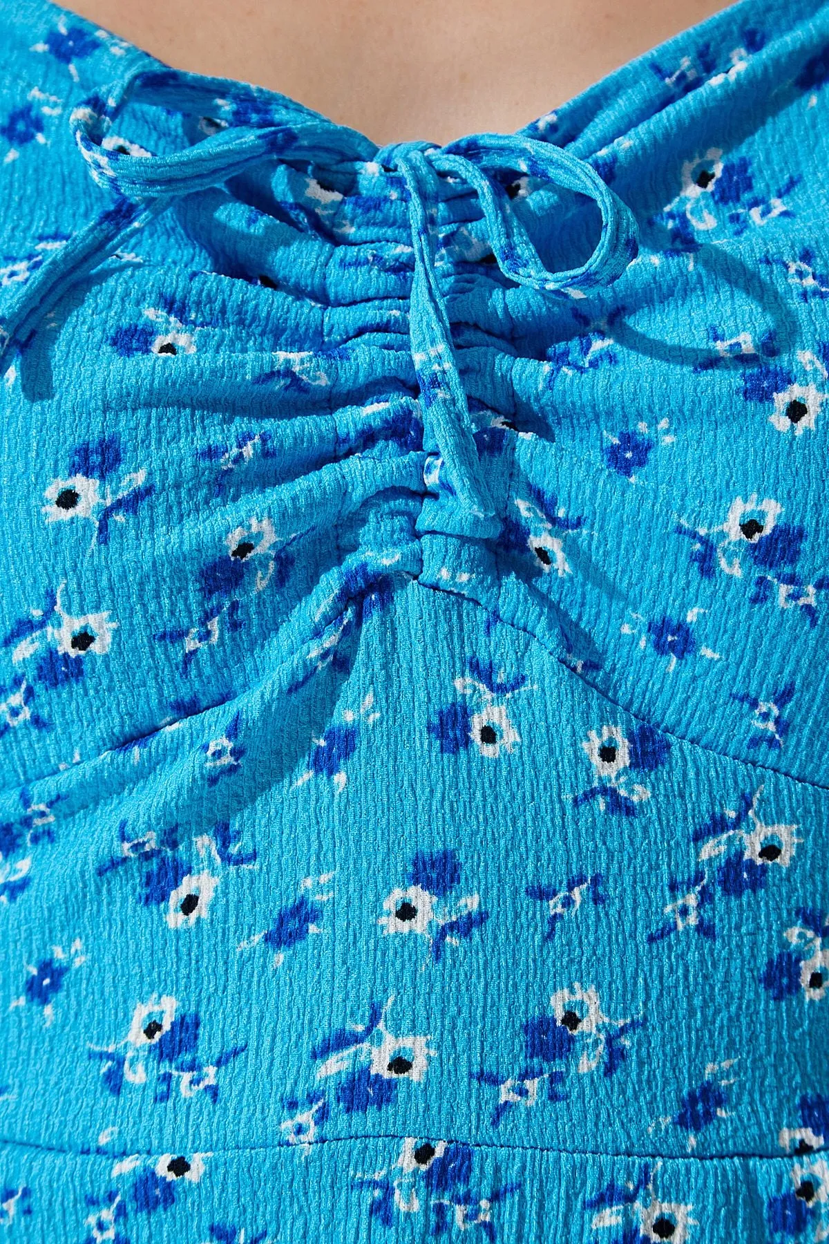 Woman Light Blue Shirred V -Neck Patterned Knitting Dress ZV00267