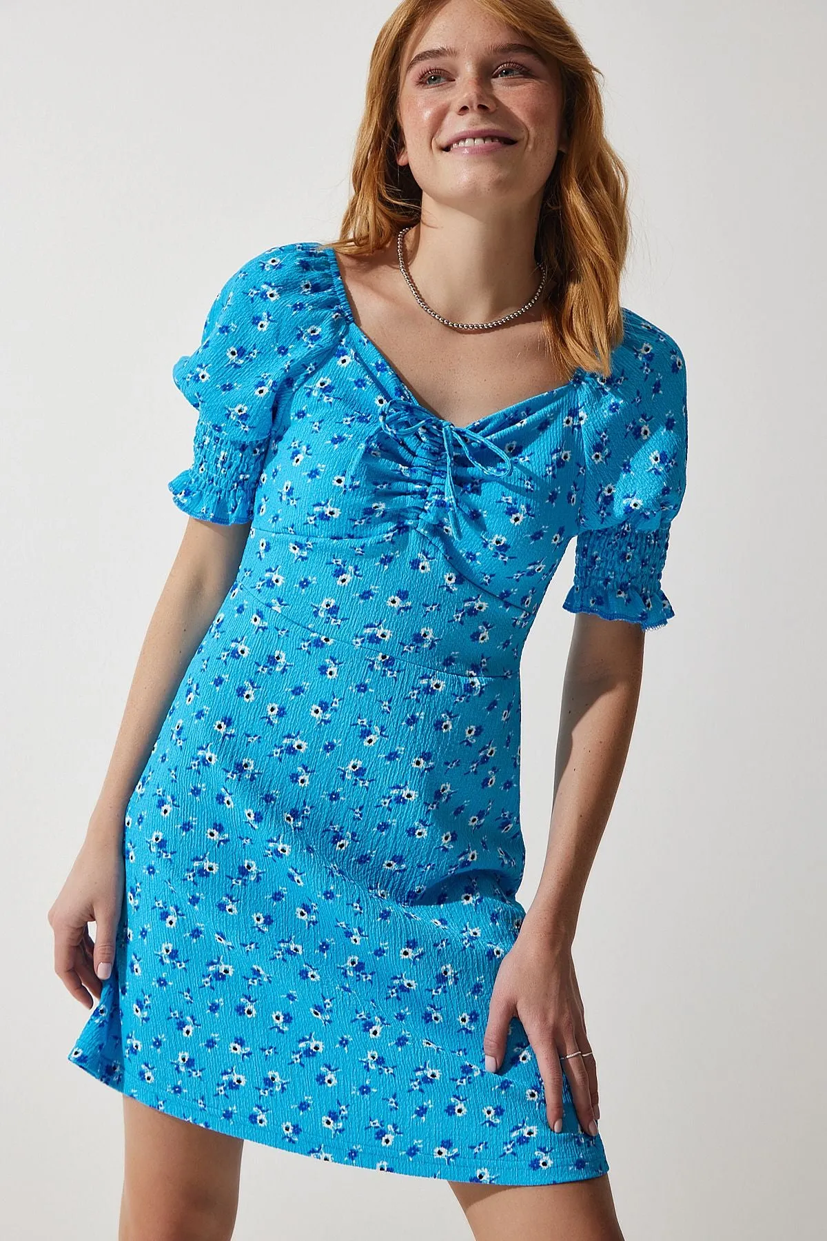 Woman Light Blue Shirred V -Neck Patterned Knitting Dress ZV00267