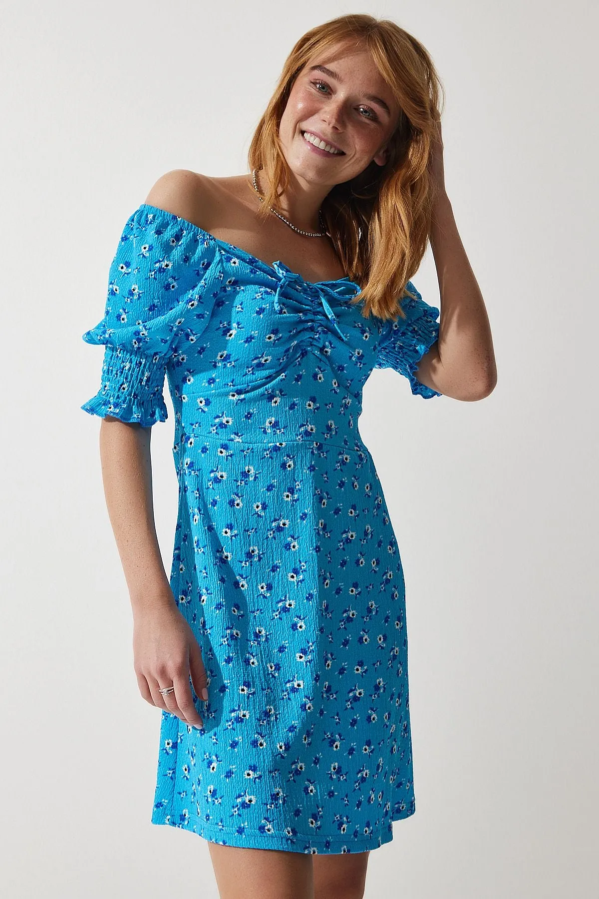 Woman Light Blue Shirred V -Neck Patterned Knitting Dress ZV00267