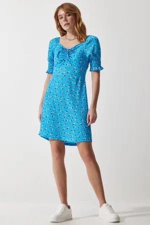 Woman Light Blue Shirred V -Neck Patterned Knitting Dress ZV00267