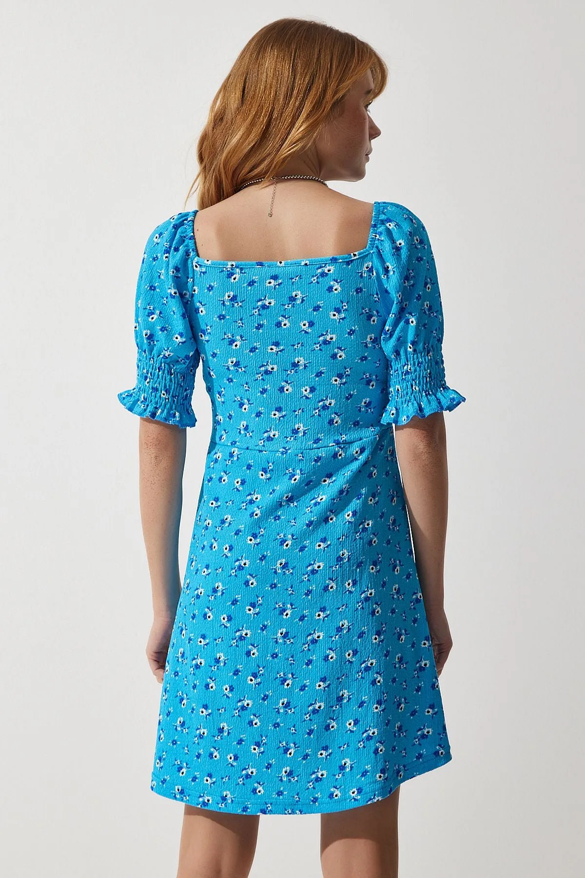 Woman Light Blue Shirred V -Neck Patterned Knitting Dress ZV00267
