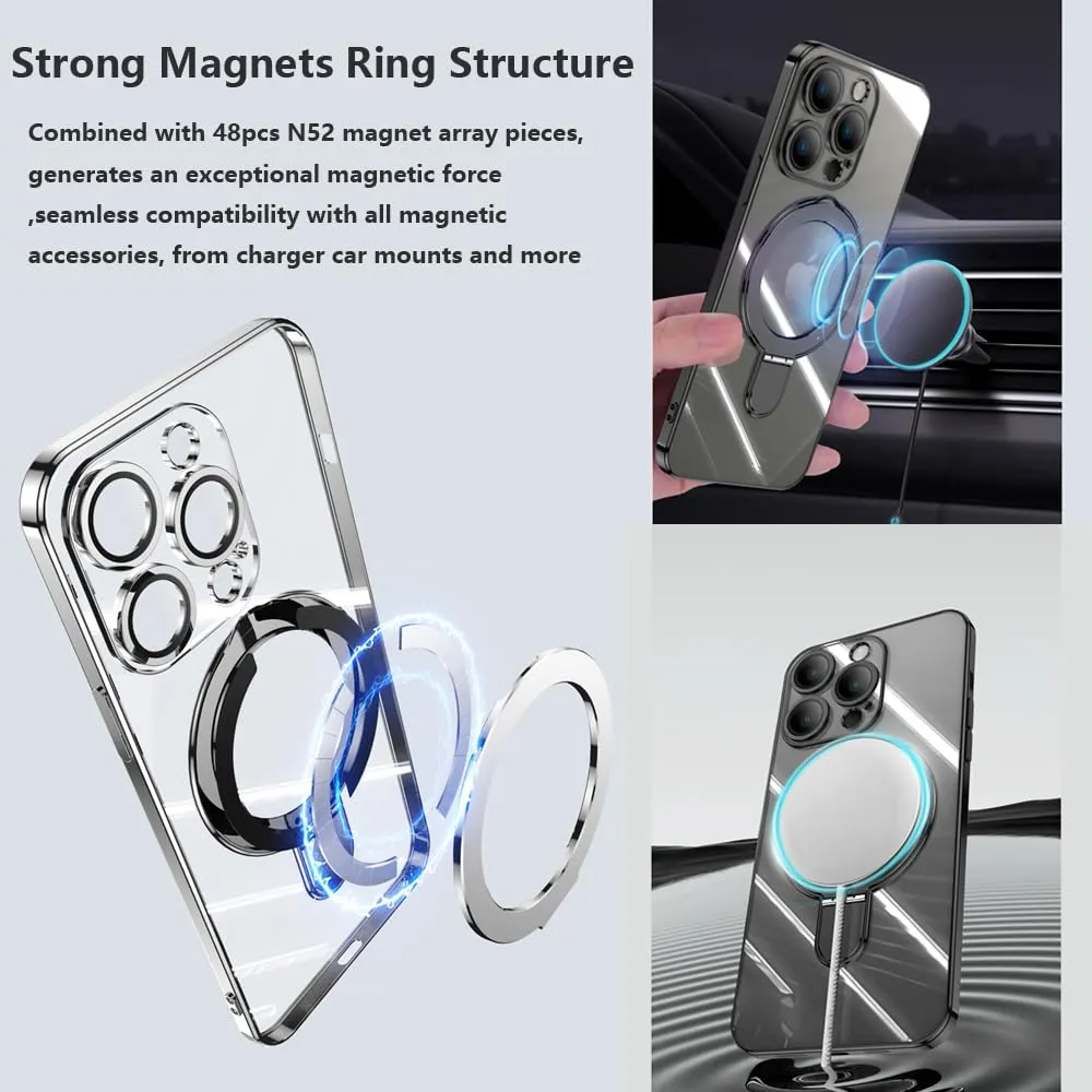 ZinLyuen Magnetic Ring Case for iPhone 15 Pro Max Case Kickstand Compatible with MagSafe Built-in Camera Lens Protector Shockproof Phone Case for iPhone 15 ProMax 6.7" - Gold